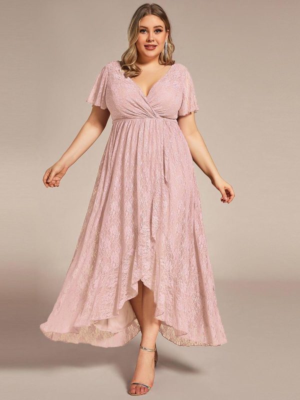 Plus Size Short Sleeve Ruffled V-Neck A-Line Lace Wedding Guest Dress - Image 52