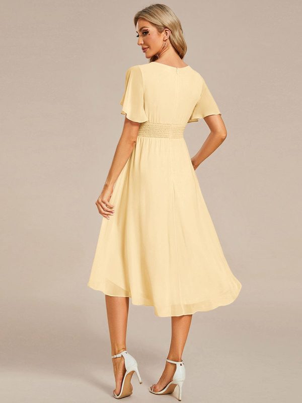 Flowy Chiffon Round Neckline A-Line Knee Length Wedding Guest Dress - Image 140