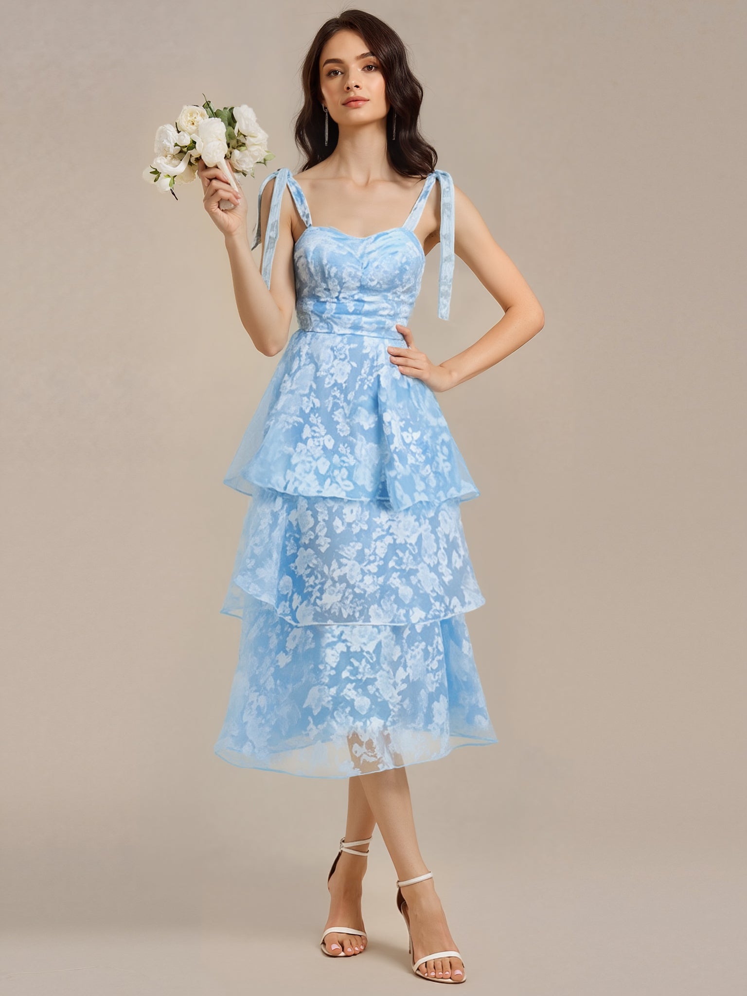 mg02429ib-r6 Bow Straps Floral Lace Tiered Dress - Image 1