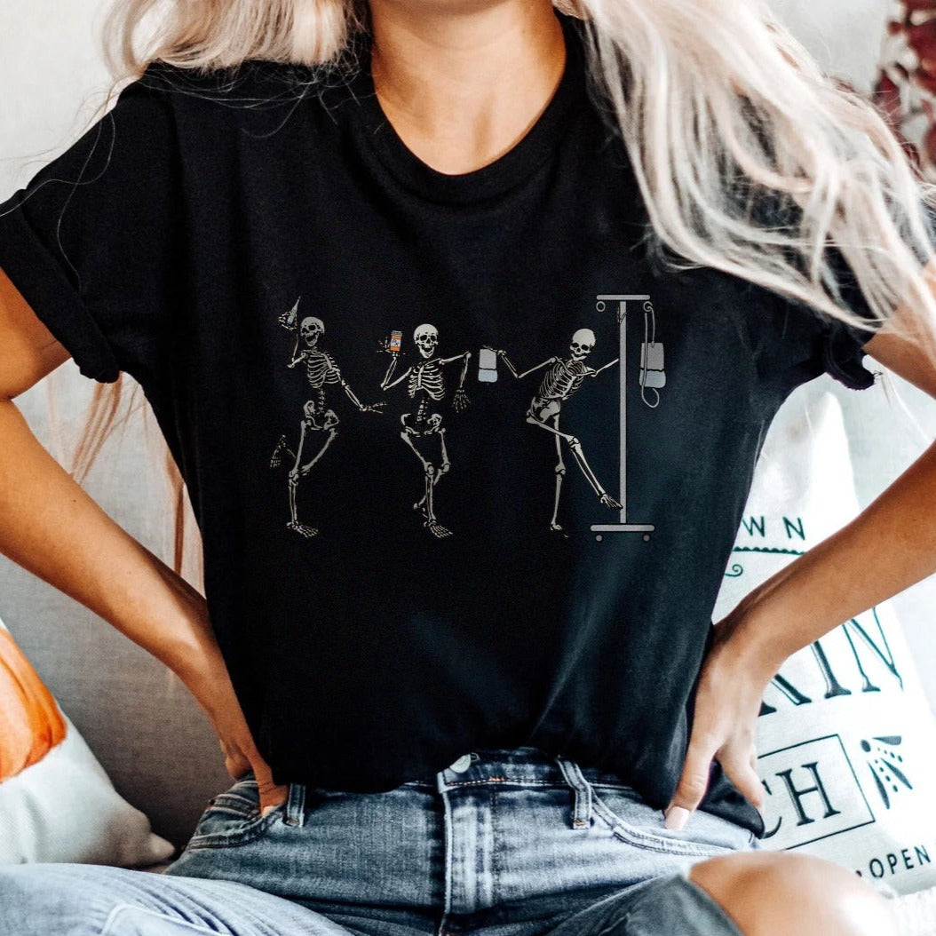 nurseskeletonsblack2 Dancing Nurse Skeletons T-Shirt - Image 3