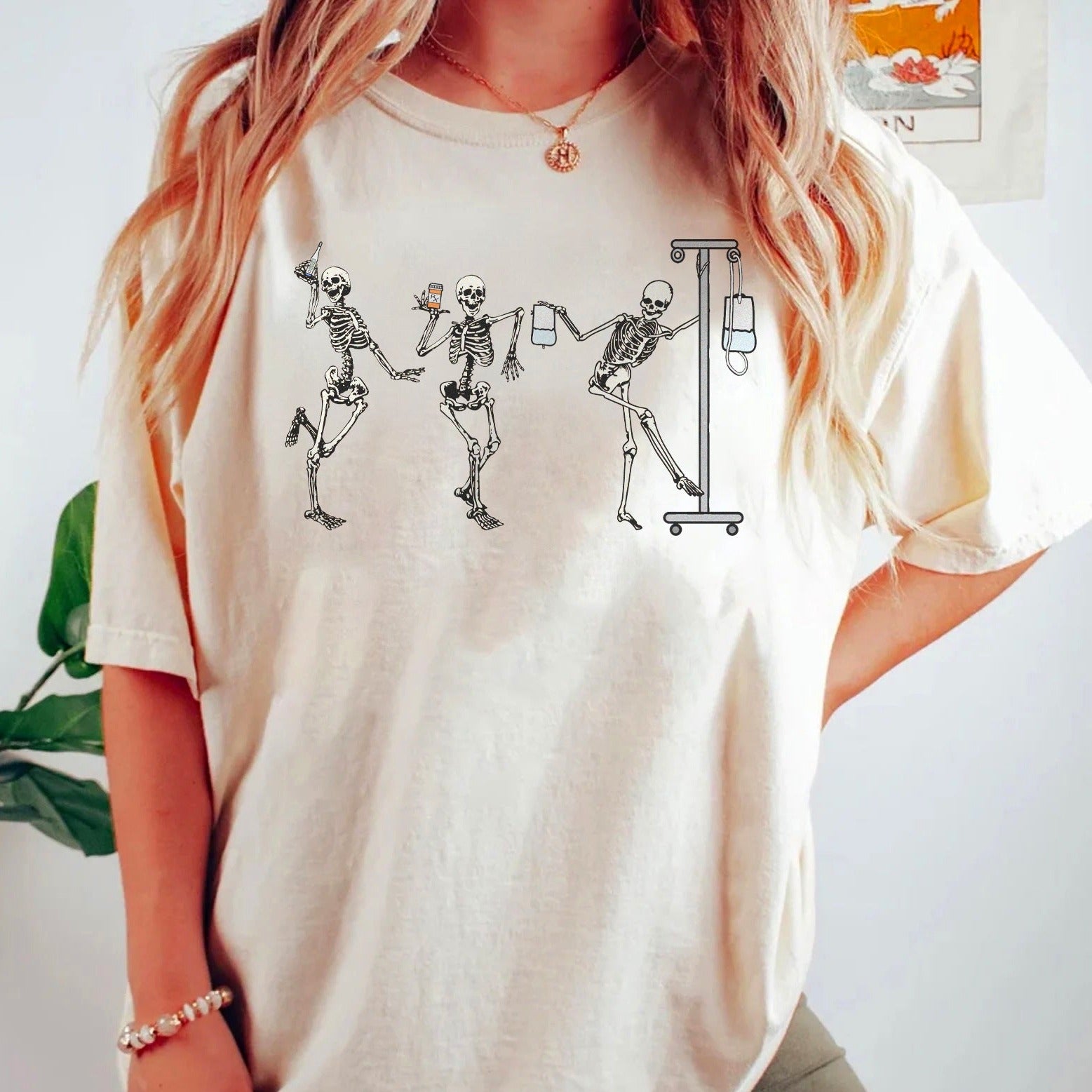 nurseskeletonsivory Dancing Nurse Skeletons T-Shirt - Image 4