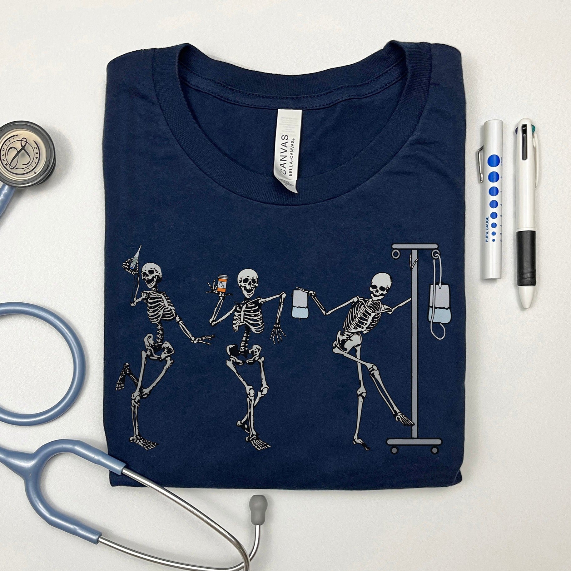 nurseskeletonsnavy2 Dancing Nurse Skeletons T-Shirt - Image 2