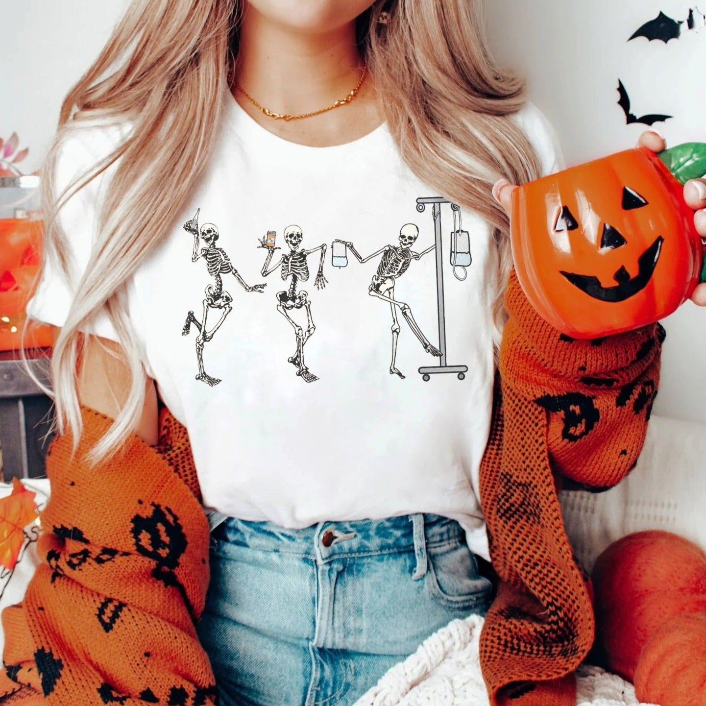 nurseskeletonswhite2 Dancing Nurse Skeletons T-Shirt - Image 6