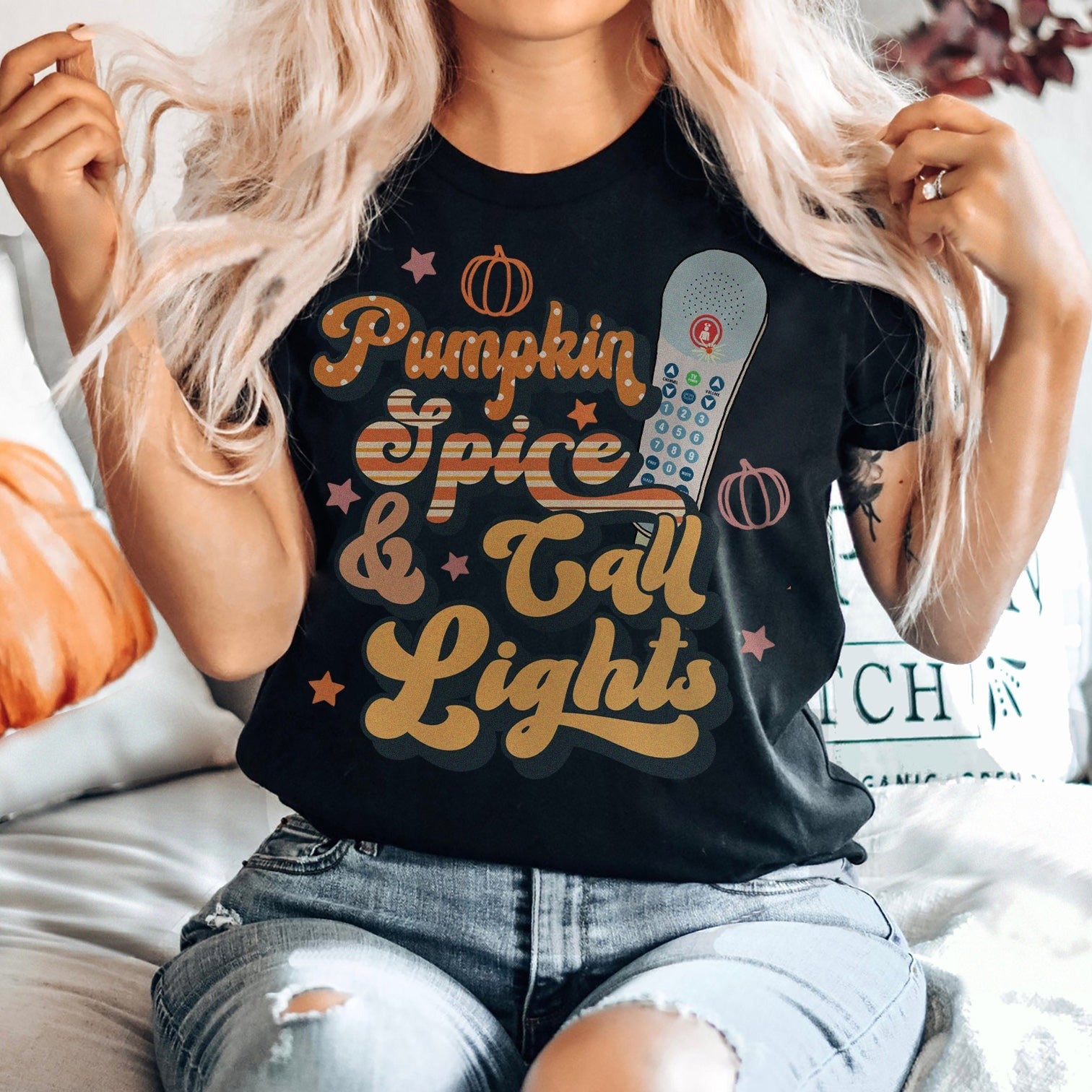 pumpkinspicecalllightsblack Pumpkin Spice & Call Lights T-Shirt - Image 2