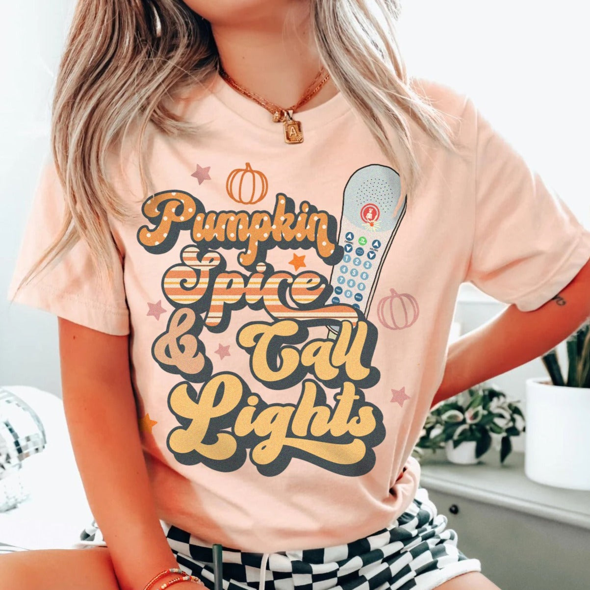 pumpkinspicecalllightspeach Pumpkin Spice & Call Lights T-Shirt - Image 1