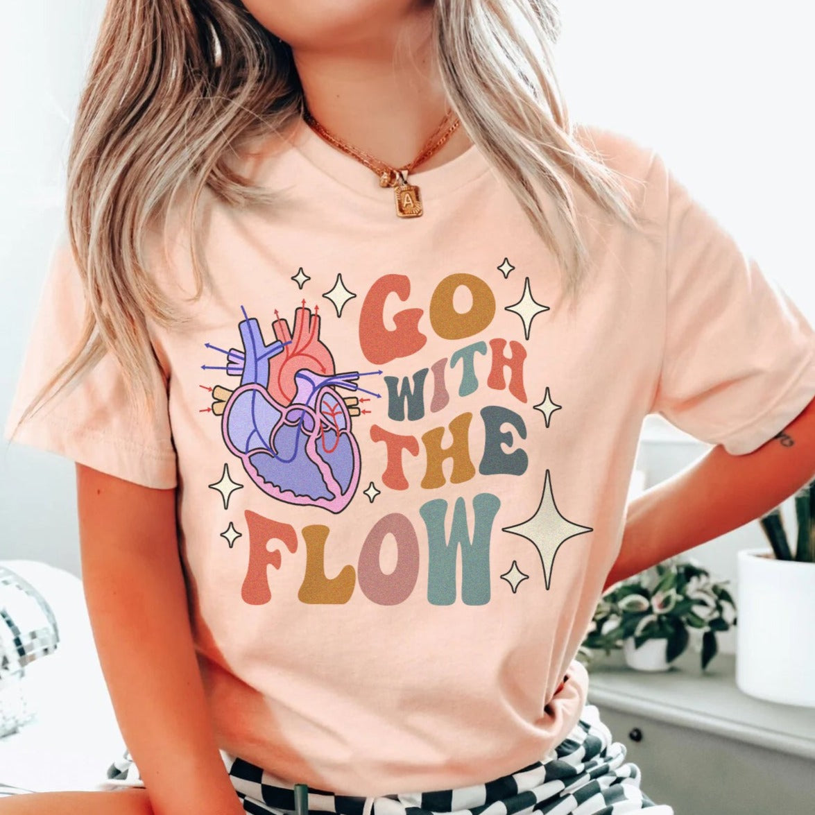 retrogowiththeflowheartfrontdesignpeach Retro Go with the (Heart) Flow T-Shirt - Image 1