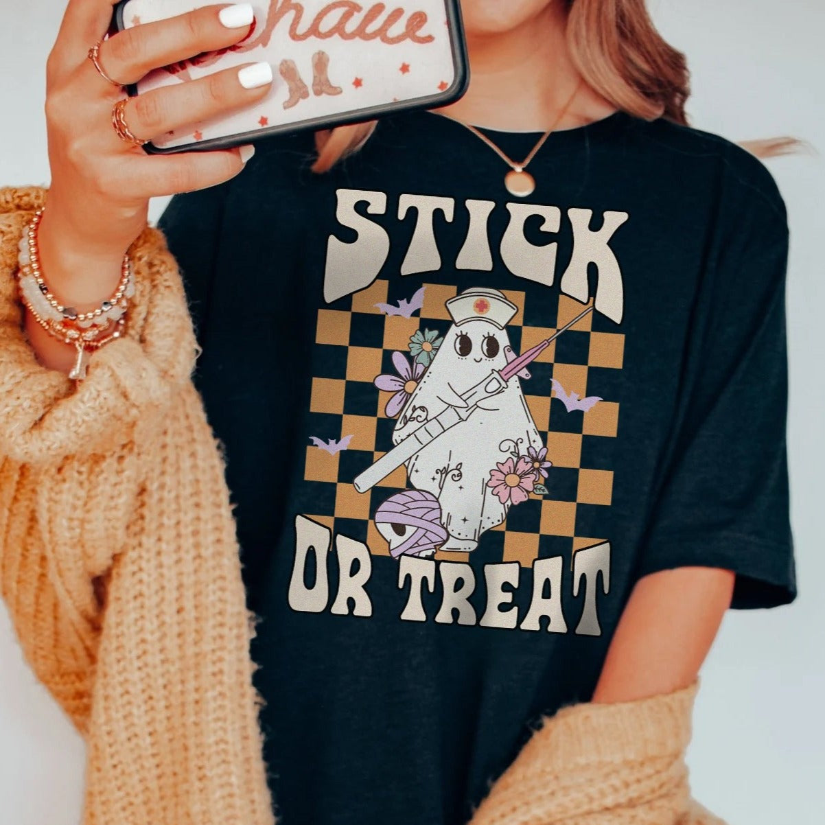 stickortreatblack Retro Stick Or Treat T-Shirt - Image 1