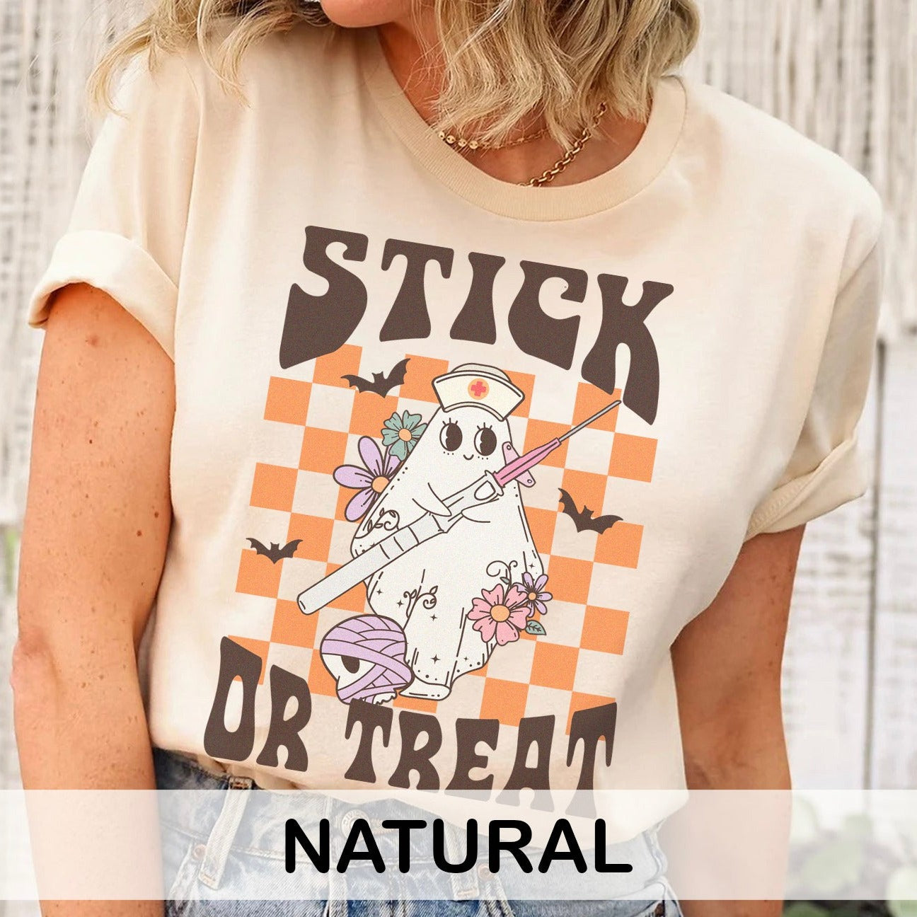 stickortreatcolors_b417fcd9-991d-4a24-a2d4-aae9b3ae8acd Retro Stick Or Treat T-Shirt - Image 6