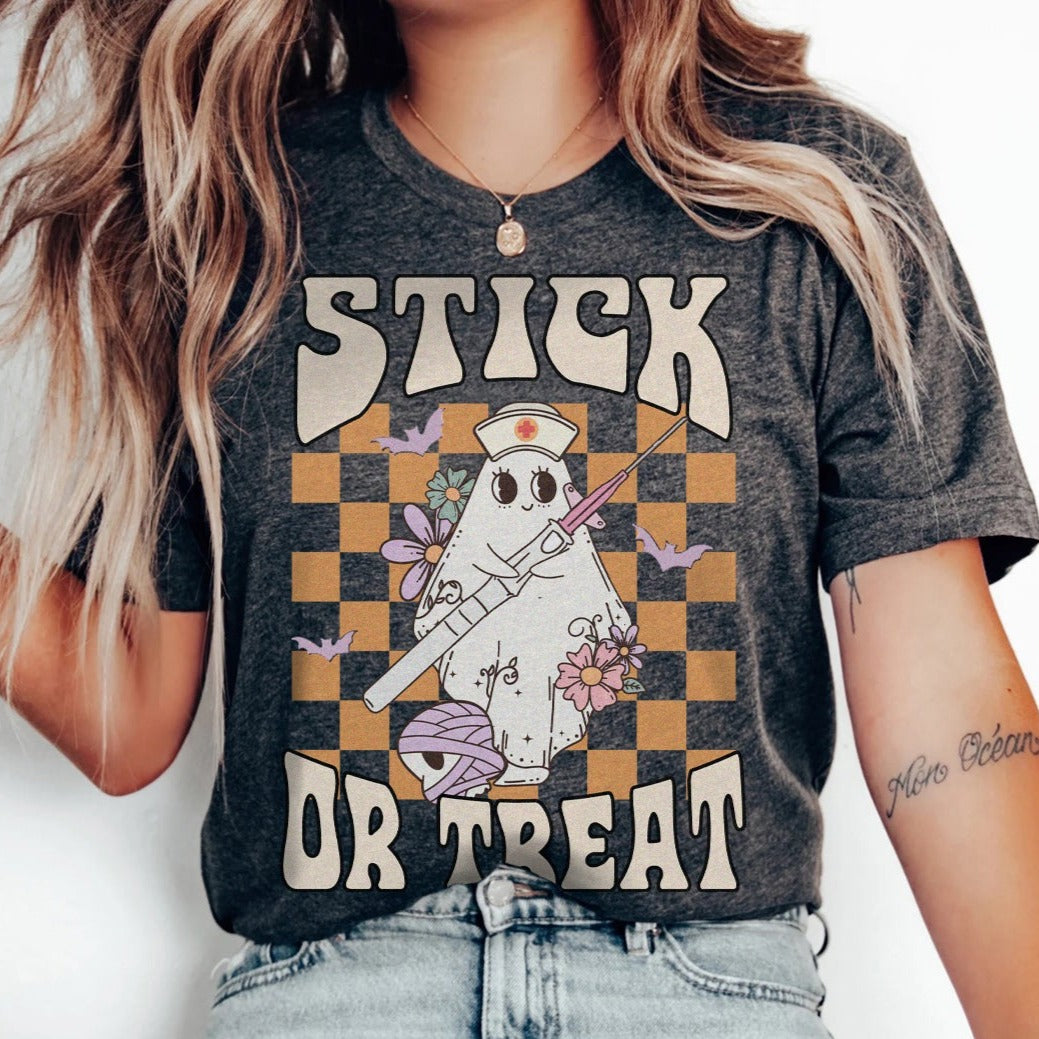 stickortreatdarkgray Retro Stick Or Treat T-Shirt - Image 3