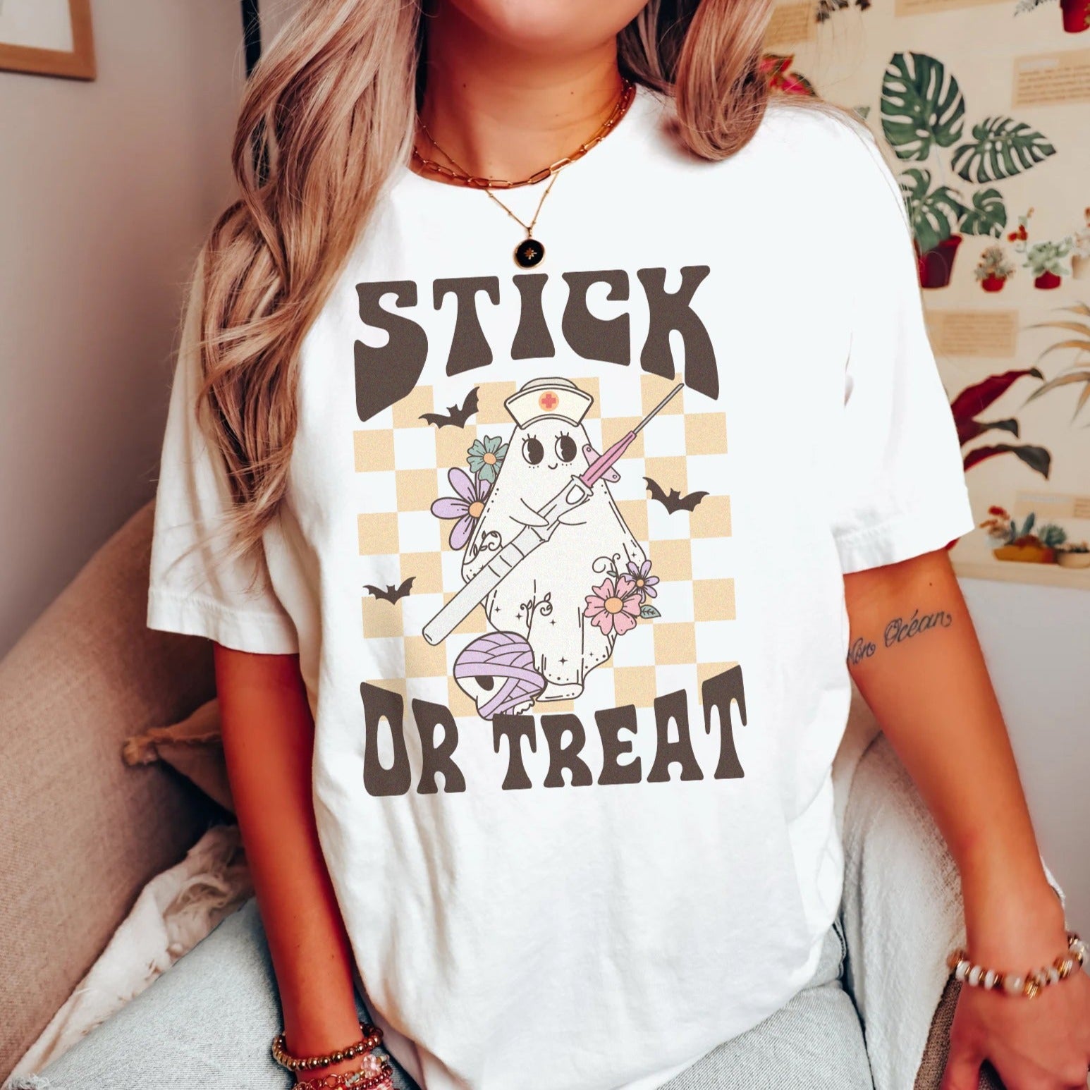 stickortreatwhite_2f14e88a-c6ae-4d99-af37-b114f4a6c202 Retro Stick Or Treat T-Shirt - Image 4