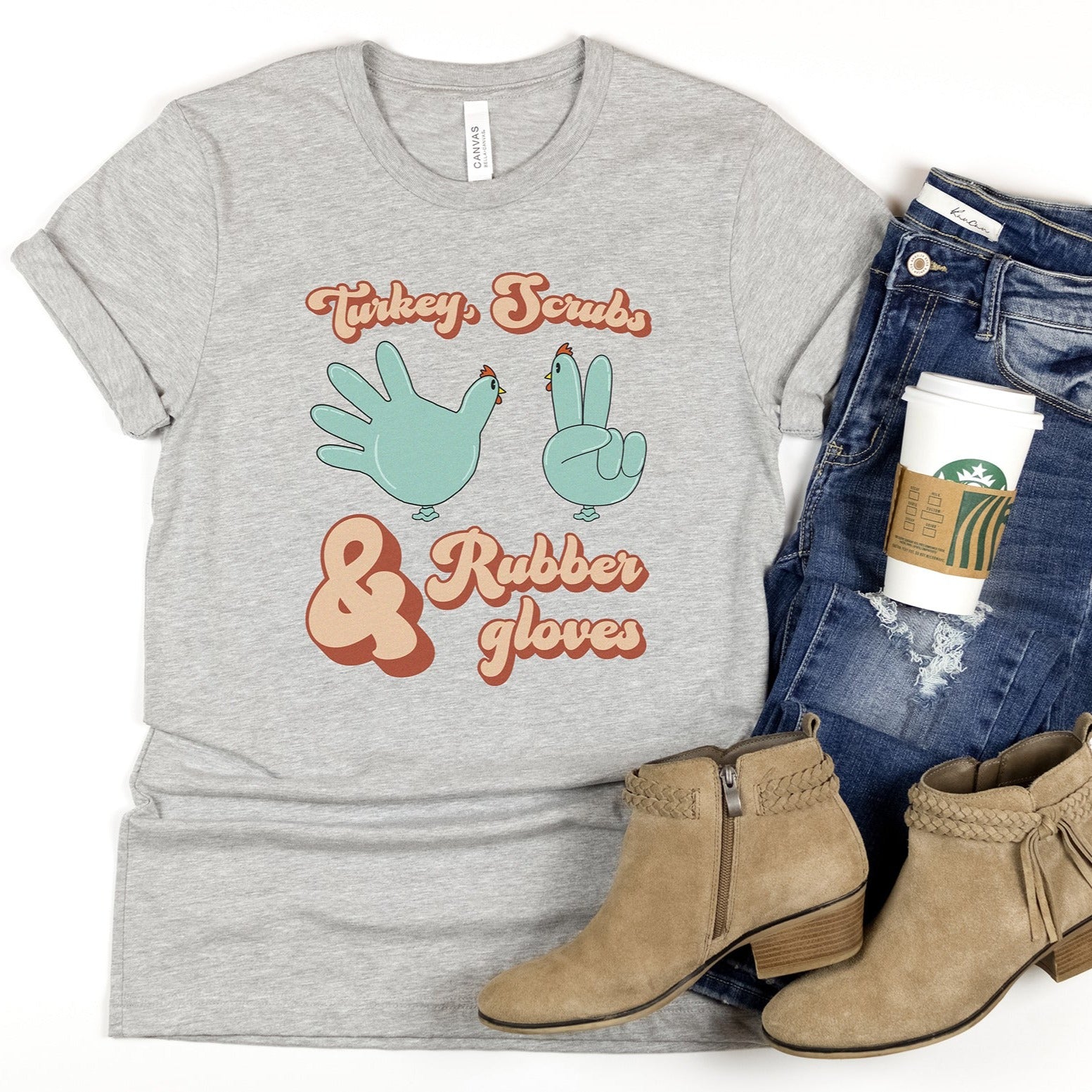 turkeyscrubsglovegray Turkey, Scrubs & Rubber Gloves T-Shirt - Image 8