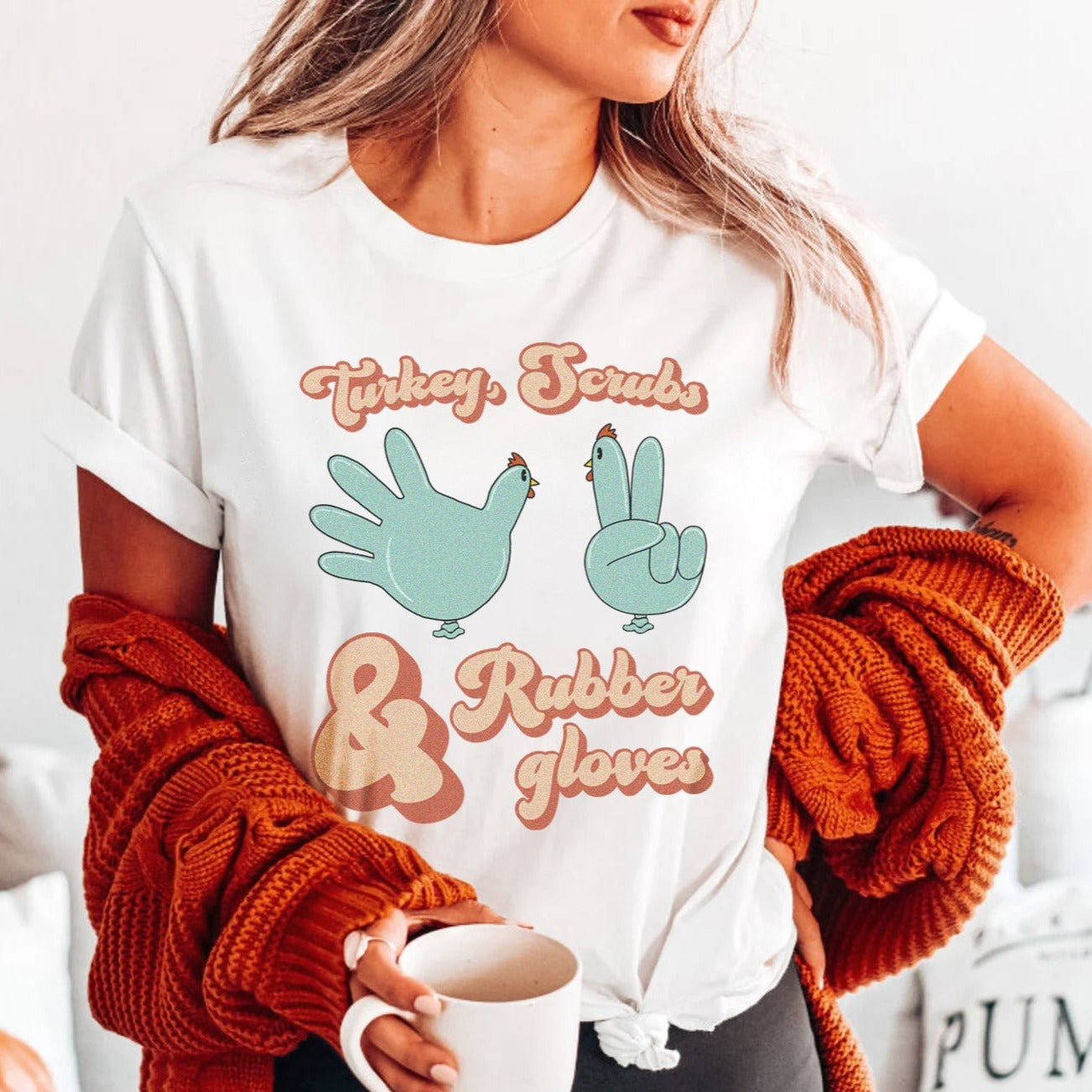 turkeyscrubsrubbergloveswhite Turkey, Scrubs & Rubber Gloves T-Shirt - Image 1